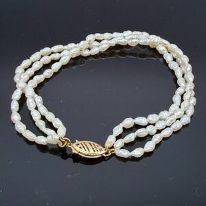 Vintage 14K Yellow Gold Rice Pearl Triple Strand Bracelet 7" Fish Hook Clasp